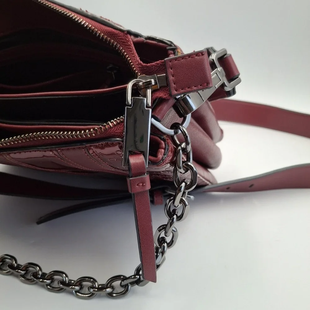 Calvin‎ Klein Crossbody Bag Burgundy Wine Mixed Media Embossed CK Logo Chain
